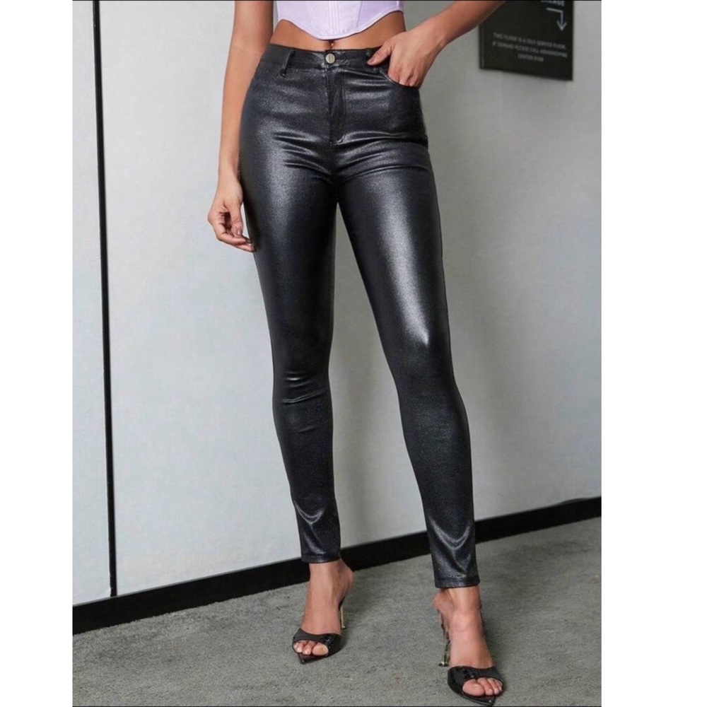 Vegan Leather High Waisted Stretchy Pants - Picture 2 of 4
